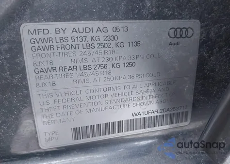 2013 Audi Allroad 2.0T Premium Plus z USA, uszkodzony, nr VIN WA1UFAFL2DA253712